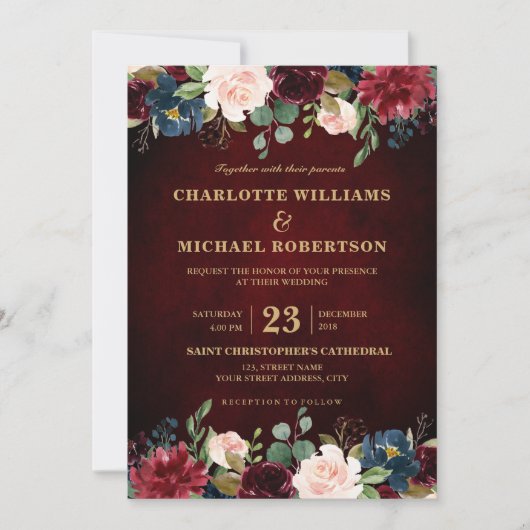 Waterverf Burgundy Red Navy Floral Rustic Boho Kaart (Voorkant)