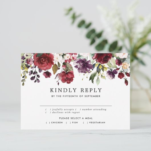 Waterverf Burgundy Red Pink Floral Rustic Wedding RSVP Kaartje (Staand voorkant)