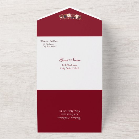 Waterverf Burgundy Red Rose Wedding Invitation All In One Uitnodiging (Buitenkant)