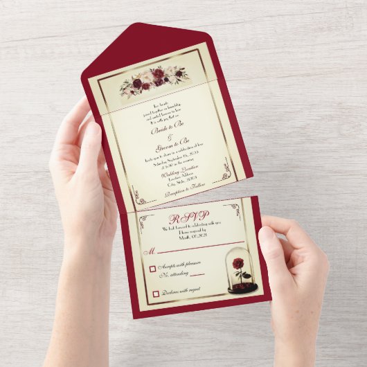 Waterverf Burgundy Red Rose Wedding Invitation All In One Uitnodiging (Afscheurbaar)