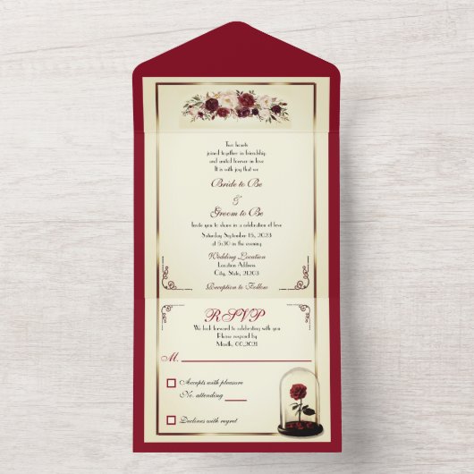 Waterverf Burgundy Red Rose Wedding Invitation All In One Uitnodiging (Binnen)