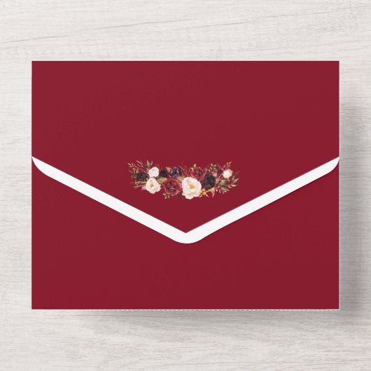 Waterverf Burgundy Red Rose Wedding Invitation All In One Uitnodiging (Achterkant)