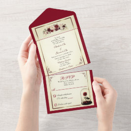 Waterverf Burgundy Red Rose Wedding Invitation All In One Uitnodiging