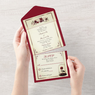 Waterverf Burgundy Red Rose Wedding Invitation All In One Uitnodiging
