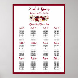 Waterverf Burgundy Red Rose Wedding Seating Chart Poster