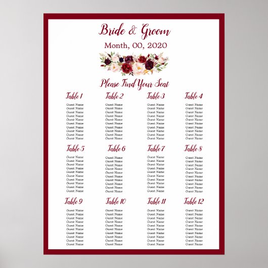 Waterverf Burgundy Red Rose Wedding Seating Chart Poster (Voorkant)