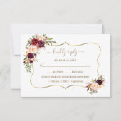 Waterverf Burgundy Rood Roze Bloem Motief Goud Bru RSVP Kaartje (Voorkant)