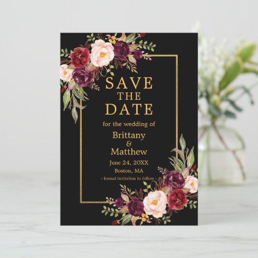 Waterverf Burgundy Rozen Black Gold Lijst Foto Save The Date (Staand voorkant)