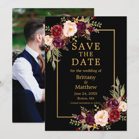 Waterverf Burgundy Rozen Black Gold Lijst Foto Save The Date (Voorkant / Achterkant)
