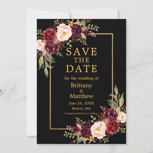 Waterverf Burgundy Rozen Black Gold Lijst Save The Date (Voorkant)