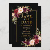 Waterverf Burgundy Rozen Black Gold Lijst Save The Date (Voorkant / Achterkant)