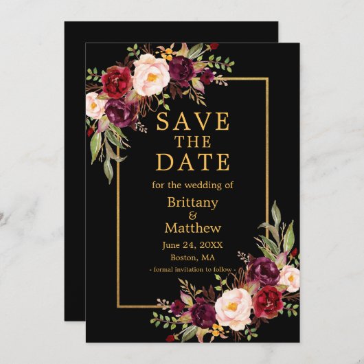 Waterverf Burgundy Rozen Black Gold Lijst Save The Date (Voorkant / Achterkant)