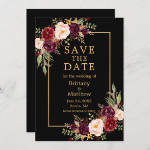 Waterverf Burgundy Rozen Black Gold Lijst Save The Date
