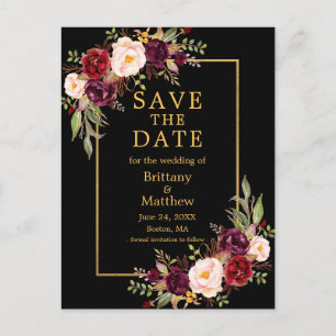 Waterverf Burgundy Rozen Black Gold Save the Date Briefkaart