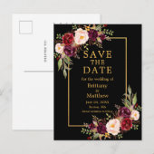Waterverf Burgundy Rozen Black Gold Save the Date Briefkaart (Voorkant / Achterkant)