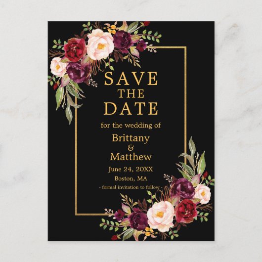 Waterverf Burgundy Rozen Black Gold Save the Date Briefkaart (Voorkant)