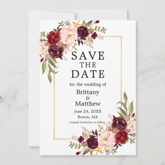 Waterverf Burgundy Rozen Floral Gold Lijst Save The Date (Voorkant)