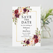 Waterverf Burgundy Rozen Floral Gold Lijst Save The Date (Staand voorkant)