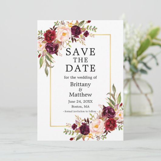 Waterverf Burgundy Rozen Floral Gold Lijst Save The Date (Staand voorkant)