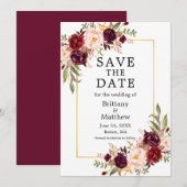 Waterverf Burgundy Rozen Floral Gold Lijst Save The Date (Voorkant / Achterkant)