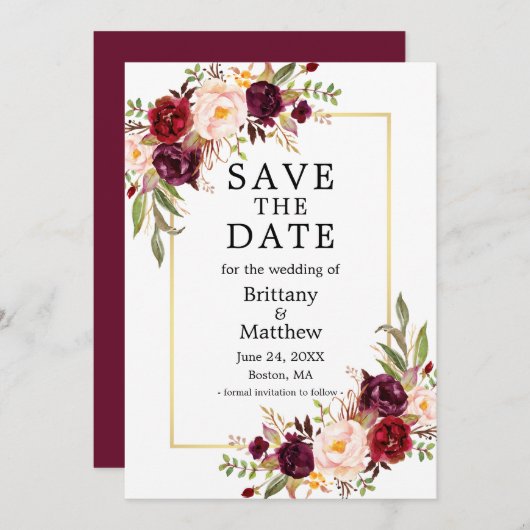 Waterverf Burgundy Rozen Floral Gold Lijst Save The Date (Voorkant / Achterkant)
