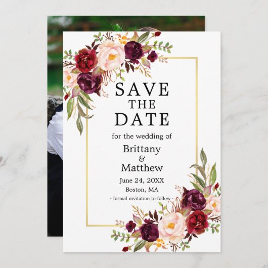 Waterverf Burgundy Rozen Gold Lijst Foto Save The Date (Voorkant / Achterkant)