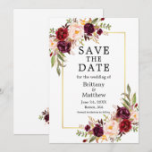 Waterverf Burgundy Rozen Gold Lijst Save The Date (Voorkant / Achterkant)