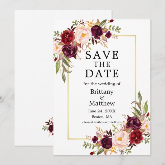 Waterverf Burgundy Rozen Gold Lijst Save The Date (Voorkant / Achterkant)