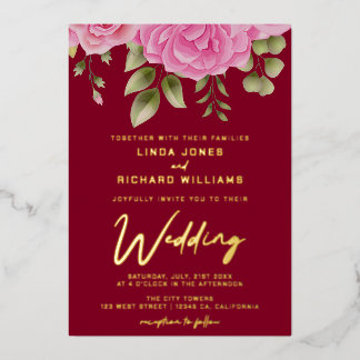 Waterverf Burgundy Rozen Weddenschap Folie Uitnodiging