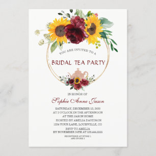 Waterverf Burgundy Sunflower Bridal Tea Party Kaart