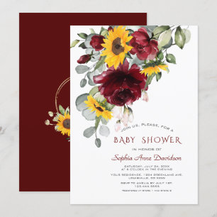Waterverf Burgundy Sunflower Gold Baby shower Kaart