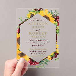Waterverf Burgundy Sunflower Rustic Wedding Acryl Uitnodigingen