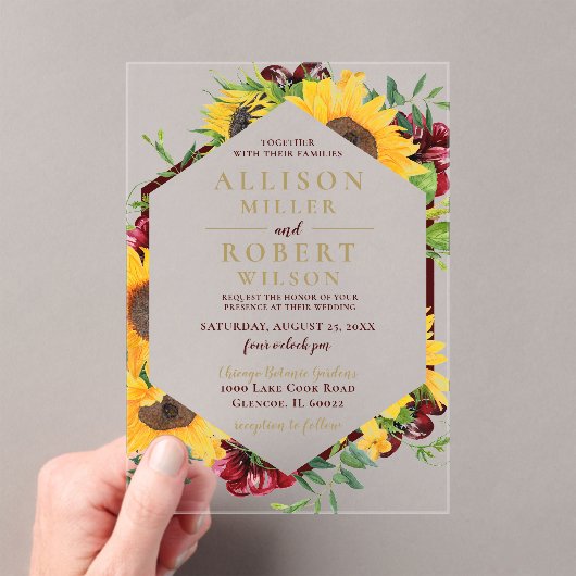 Waterverf Burgundy Sunflower Rustic Wedding Acryl Uitnodigingen (Insitu (Draagbaar))