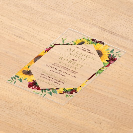 Waterverf Burgundy Sunflower Rustic Wedding Acryl Uitnodigingen (Laagn)