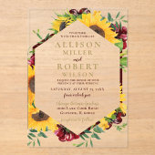 Waterverf Burgundy Sunflower Rustic Wedding Acryl Uitnodigingen (Voorkant)