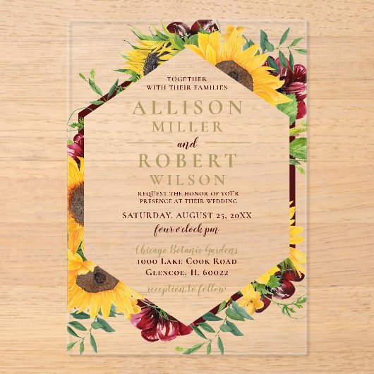 Waterverf Burgundy Sunflower Rustic Wedding Acryl Uitnodigingen (Voorkant)
