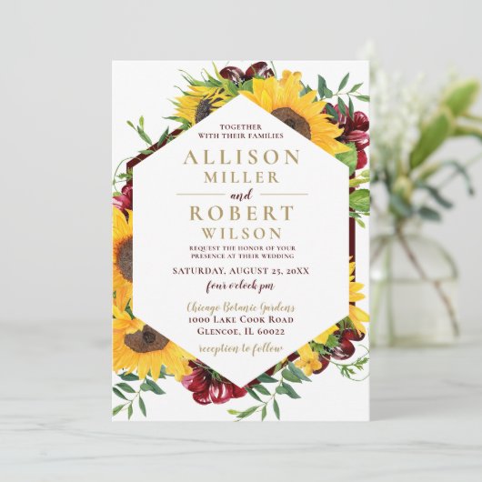 Waterverf Burgundy Sunflower Rustic Wedding Kaart (Staand voorkant)