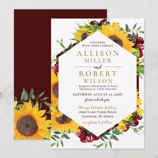 Waterverf Burgundy Sunflower Rustic Wedding Kaart (Voorkant / Achterkant)