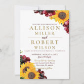 Waterverf Burgundy Sunflower Rustic Wedding Kaart (Voorkant)