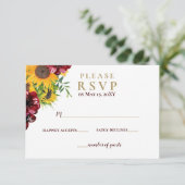 Waterverf Burgundy Sunflower Rustic Wedding RSVP Kaartje (Staand voorkant)