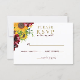 Waterverf Burgundy Sunflower Rustic Wedding RSVP Kaartje