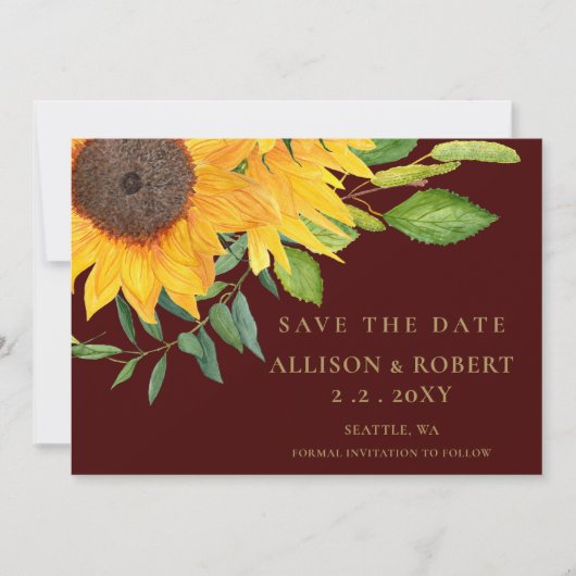 Waterverf Burgundy Sunflower Rustic Wedding Save The Date (Voorkant)