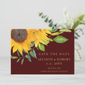 Waterverf Burgundy Sunflower Rustic Wedding Save The Date (Staand voorkant)
