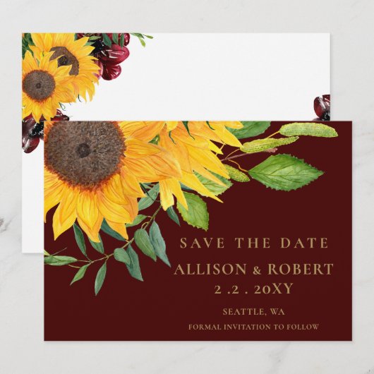 Waterverf Burgundy Sunflower Rustic Wedding Save The Date (Voorkant / Achterkant)