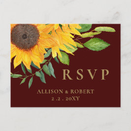 Waterverf Burgundy Sunflower Rustic Wedding Uitnodiging Briefkaart