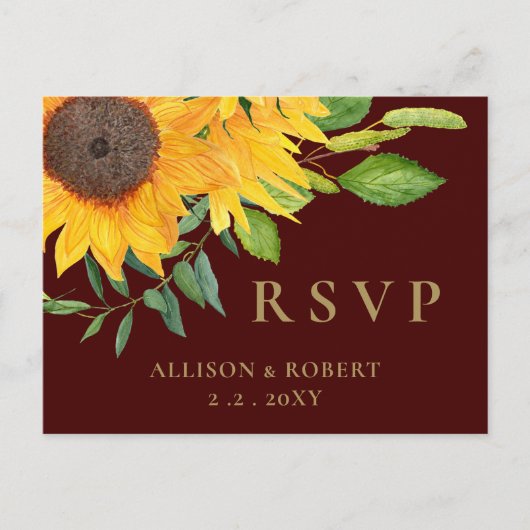 Waterverf Burgundy Sunflower Rustic Wedding Uitnodiging Briefkaart (Voorkant)