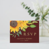 Waterverf Burgundy Sunflower Rustic Wedding Uitnodiging Briefkaart (Staand voorkant)
