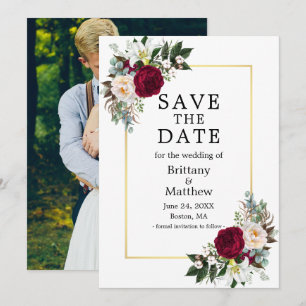 Waterverf Burgundy White Floral Foto Gold Save The Date