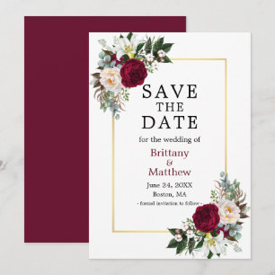 Waterverf Burgundy White Floral Gold Lijst Save The Date