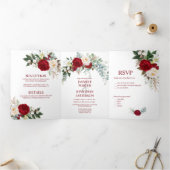 Waterverf Burgundy & White Roses, Lily, Greenery Drieluik Uitnodiging (Binnen)